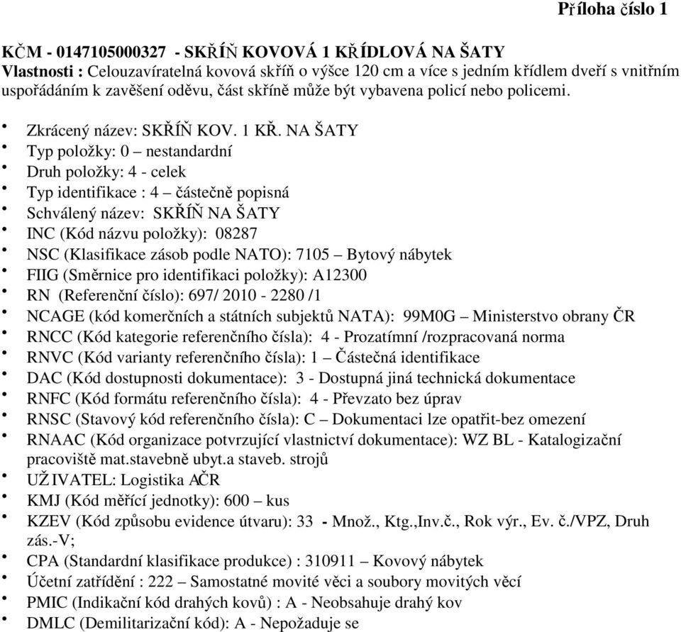 NA ŠATY Typ položky: 0 nestandardní Schválený název: SKŘÍŇ NA ŠATY INC (Kód názvu položky): 08287 NSC (Klasifikace zásob podle NATO): 7105 Bytový nábytek FIIG (Směrnice