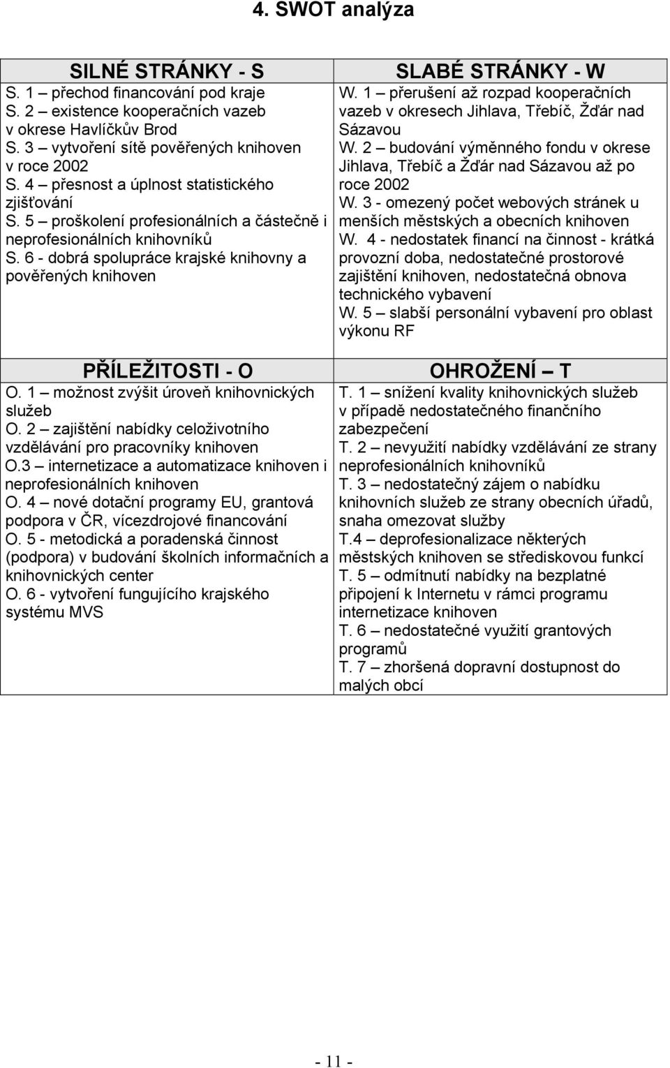 6 - dobrá spolupráce krajské knihovny a pověřených knihoven SLABÉ STRÁNKY - W W. 1 přerušení až rozpad kooperačních vazeb v okresech Jihlava, Třebíč, Žďár nad Sázavou W.