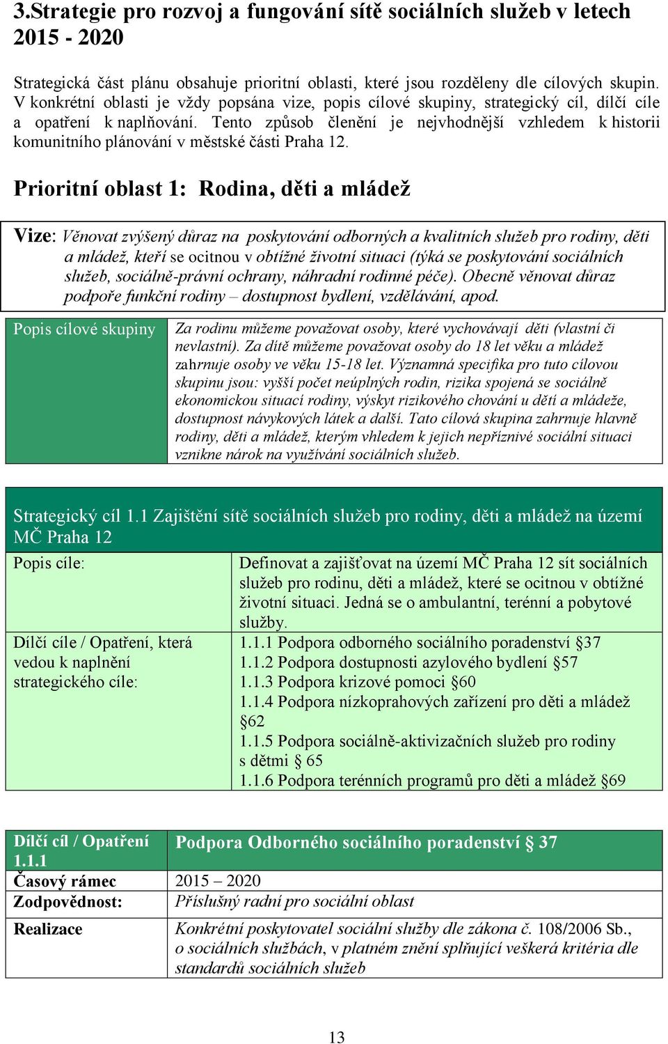 Tento způsob členění je nejvhodnější vzhledem k historii komunitního plánování v městské části Praha 12.