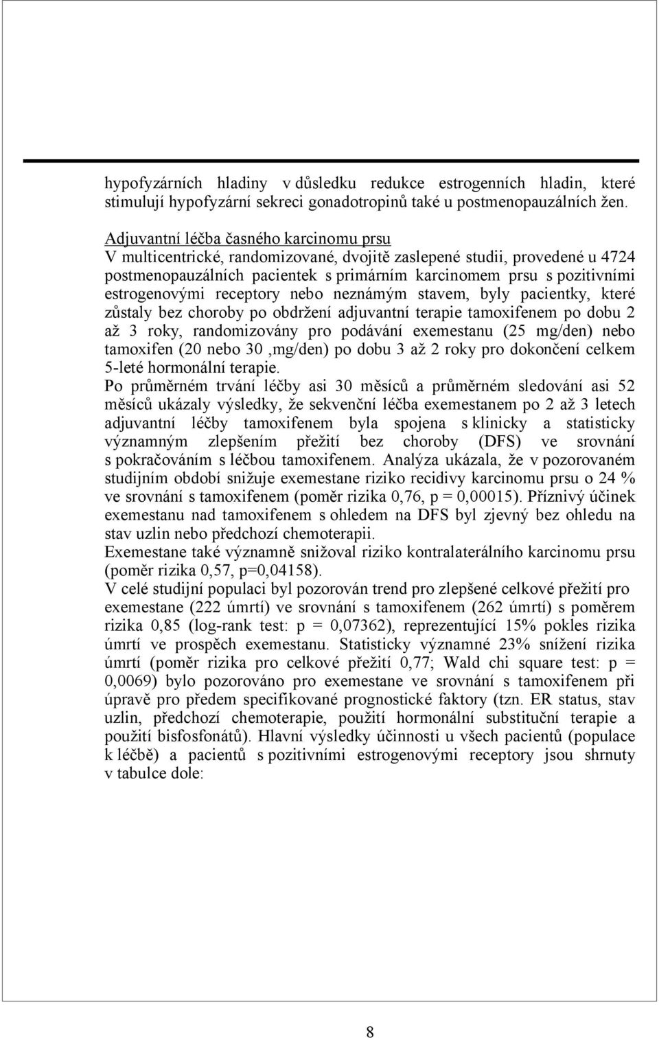 estrogenovými receptory nebo neznámým stavem, byly pacientky, které zůstaly bez choroby po obdržení adjuvantní terapie tamoxifenem po dobu 2 až 3 roky, randomizovány pro podávání exemestanu (25