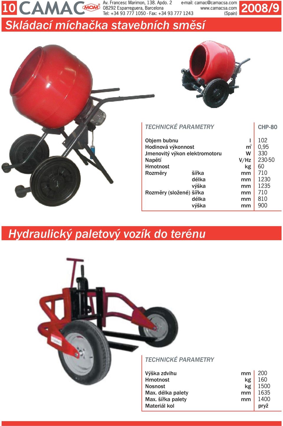 výška Rozěry (složené) šířka délka výška Hydraulický paletový vozík do