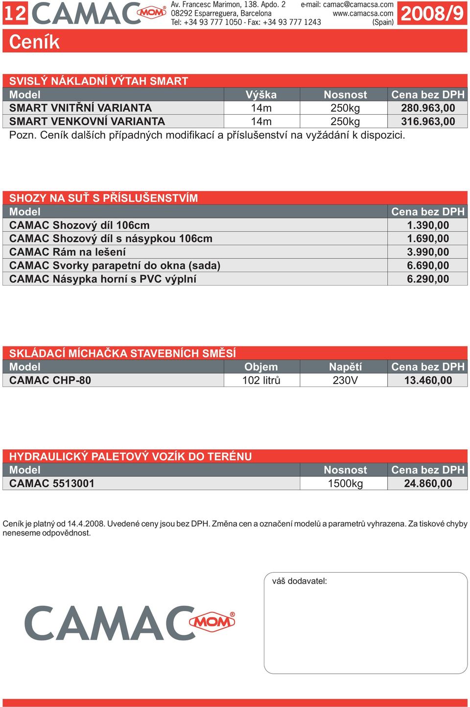 690,00 CAMAC Rá na lešení 3.990,00 CAMAC Svorky parapetní do okna (sada) 6.690,00 CAMAC Násypka horní s PC výplní 6.