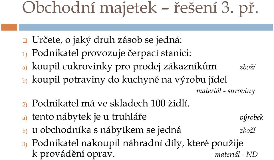 prodej zákazníkům zboží b) koupil potraviny do kuchyněna výrobu jídel materiál - suroviny 2) Podnikatel