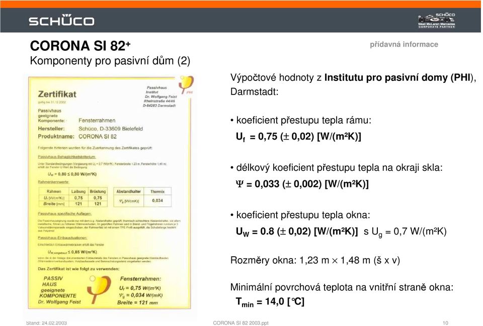 na okraji skla: Ψ = 0,033 (± 0,002) [W/(m²K)] koeficient přestupu tepla okna: U W = 0.