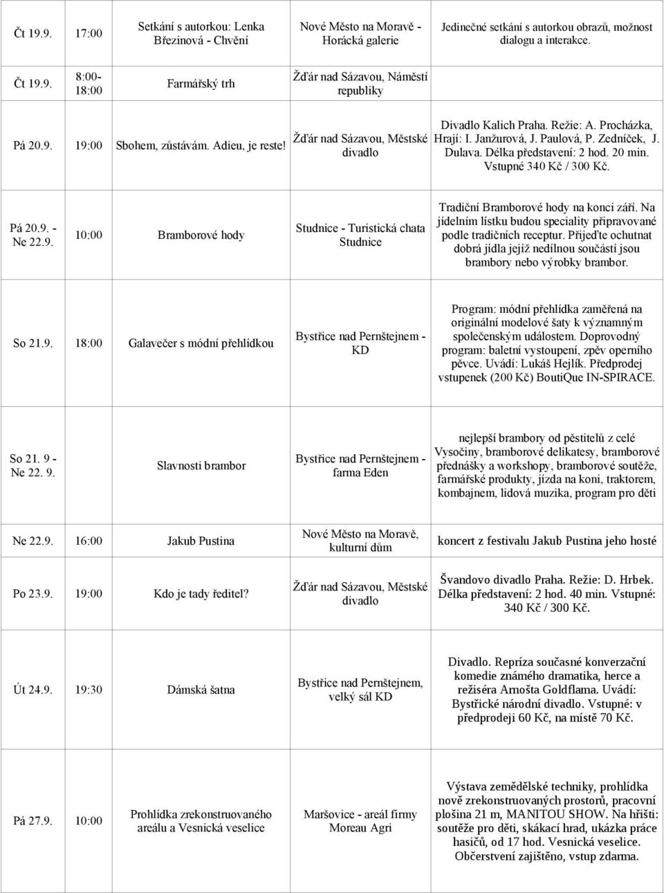 Vstupné 340 Kč / 300 Kč. Pá 20.9. - Ne 22.9. 10:00 Bramborové hody Studnice - Turistická chata Studnice Tradiční Bramborové hody na konci září.