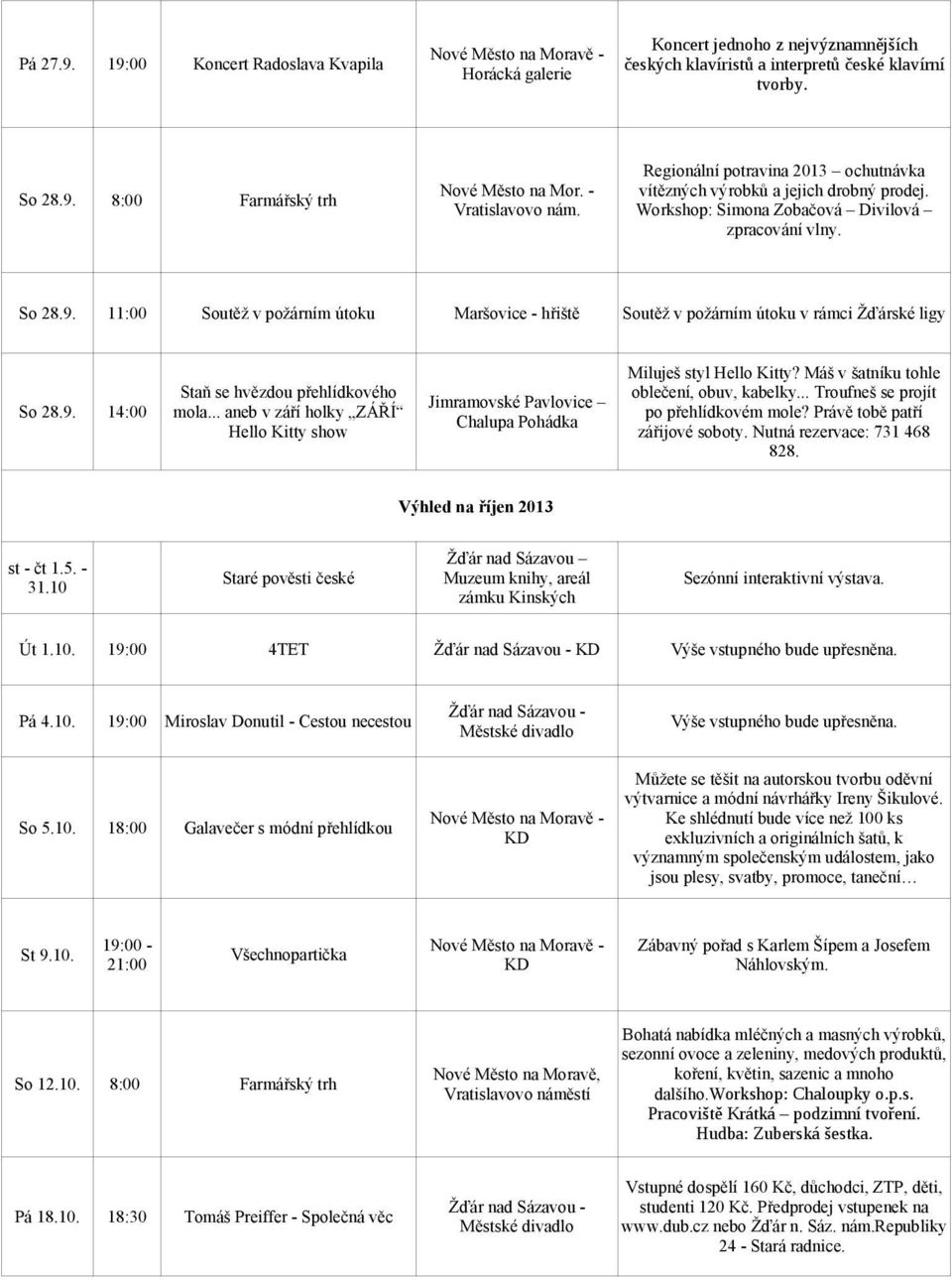 11:00 Soutěž v požárním útoku Maršovice - hřiště Soutěž v požárním útoku v rámci Žďárské ligy So 28.9. 14:00 Staň se hvězdou přehlídkového mola.