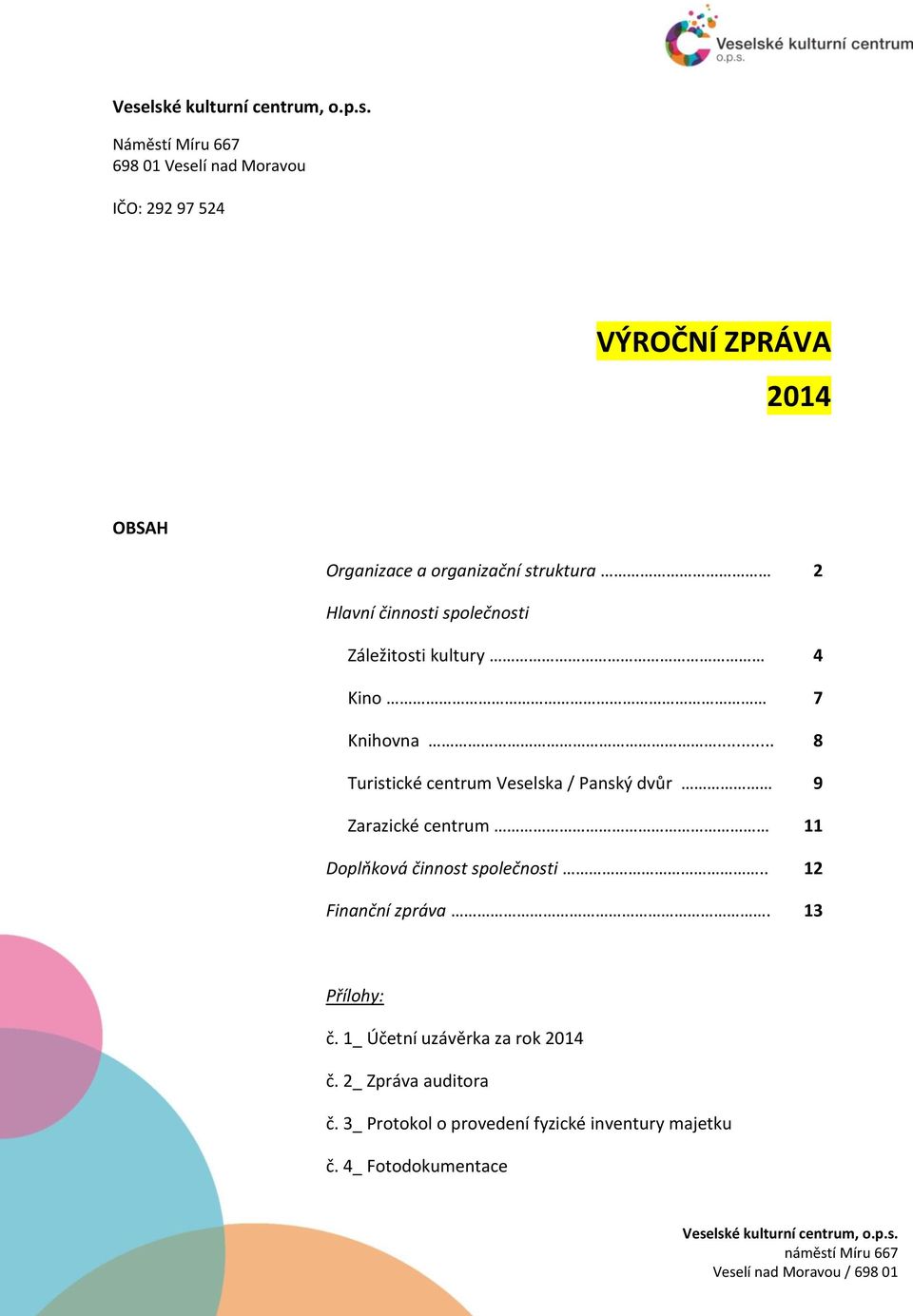 .. Turistické centrum Veselska / Panský dvůr Zarazické centrum Doplňková činnost společnosti.. Finanční zpráva.