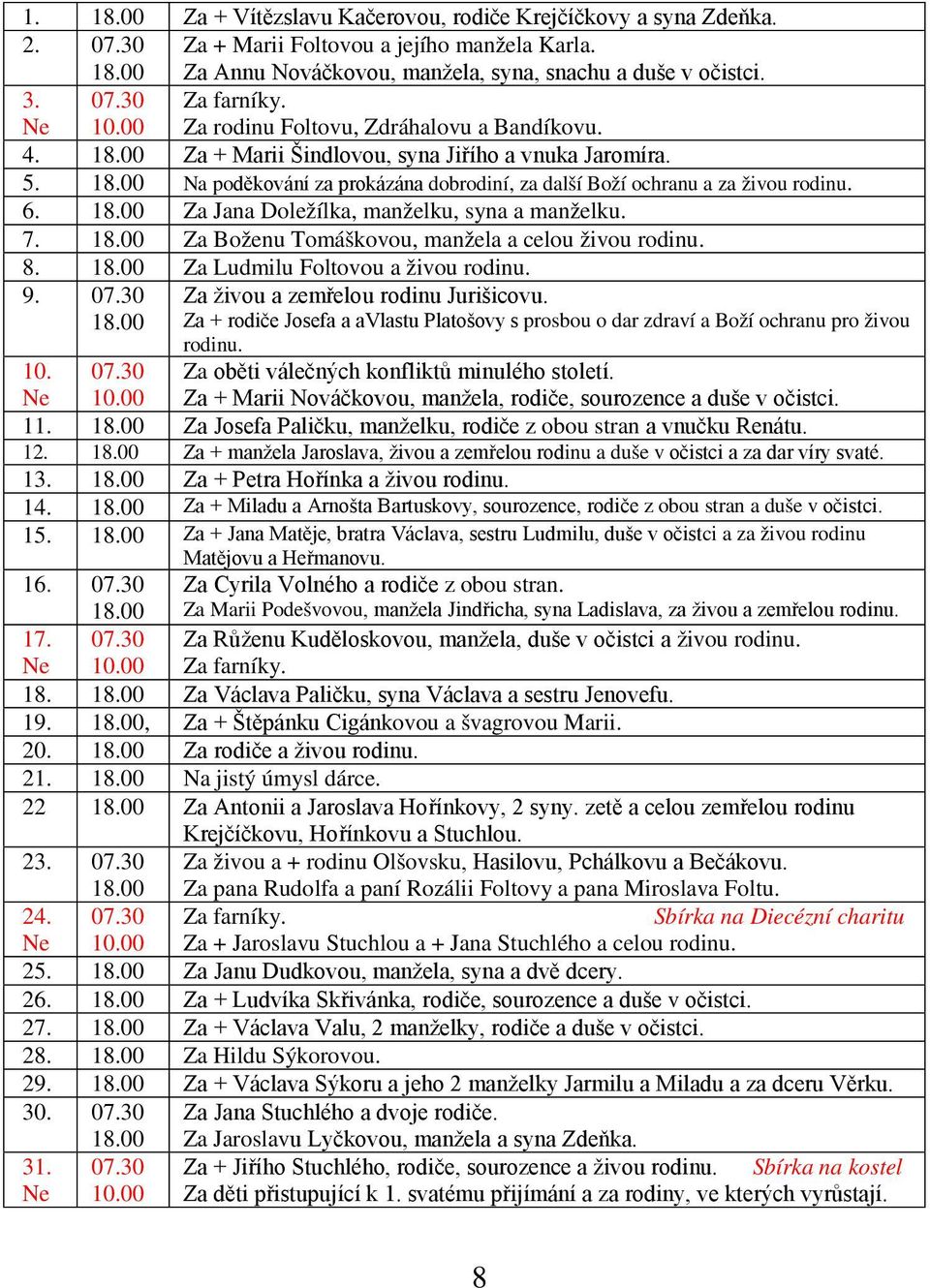 Za Jana Doležílka, manželku, syna a manželku. 7. Za Boženu Tomáškovou, manžela a celou živou rodinu. 8. Za Ludmilu Foltovou a živou rodinu. 9. 07.30 Za živou a zemřelou rodinu Jurišicovu.