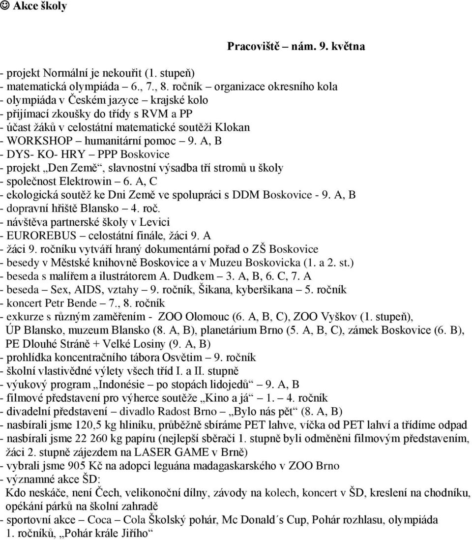 A, B - DYS- KO- HRY PPP Boskovice - projekt Den Země, slavnostní výsadba tří stromů u školy - společnost Elektrowin 6. A, C - ekologická soutěž ke Dni Země ve spolupráci s DDM Boskovice - 9.