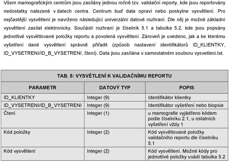 2, kde jsou popsány jednotlivé vysvětlované položky reportu a povolená vysvětlení.