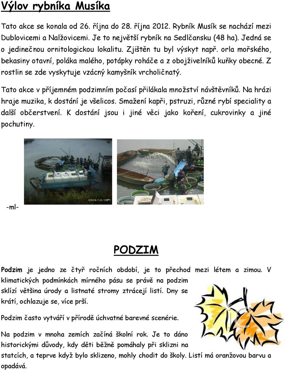 Z rostlin se zde vyskytuje vzácný kamyšník vrcholičnatý. Tato akce v příjemném podzimním počasí přilákala množství návštěvníků. Na hrázi hraje muzika, k dostání je všelicos.