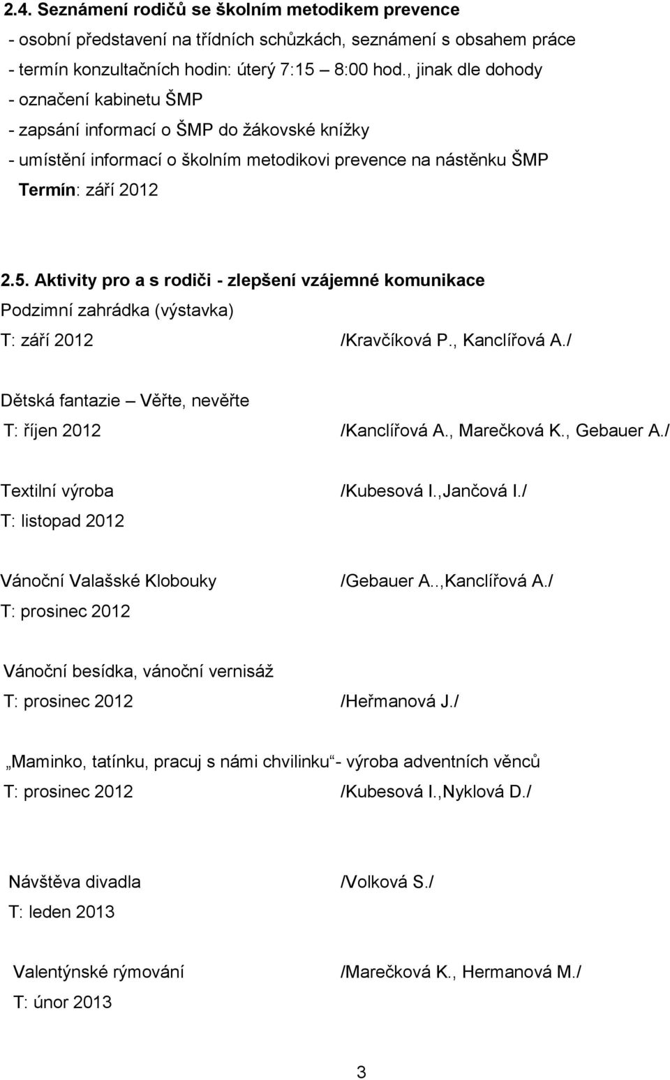 Aktivity pro a s rodiči - zlepšení vzájemné komunikace Podzimní zahrádka (výstavka) T: září 2012 /Kravčíková P., Kanclířová A./ Dětská fantazie Věřte, nevěřte T: říjen 2012 /Kanclířová A.