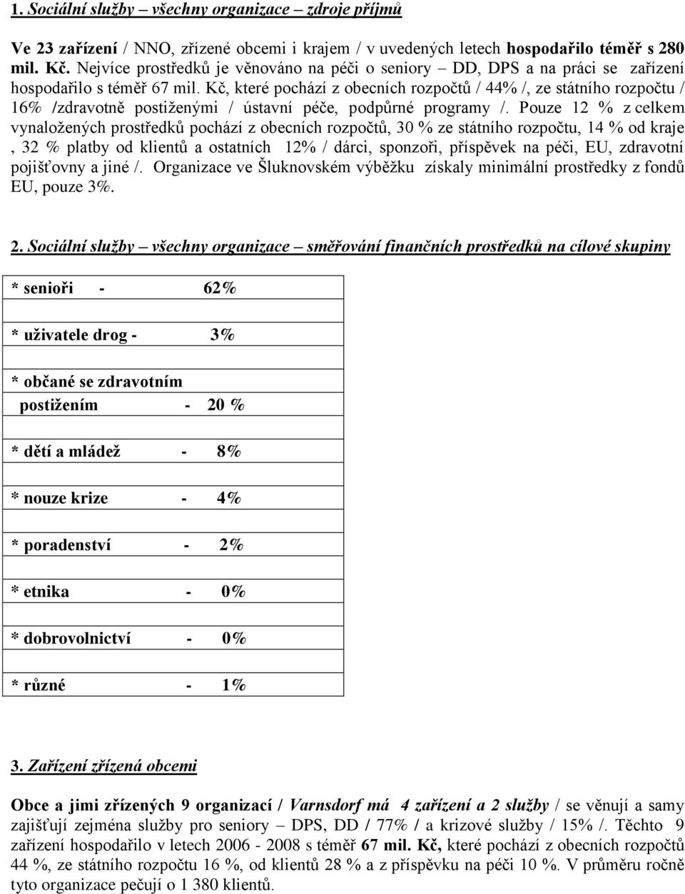 Kč, které pochází z obecních rozpočtů / 44% /, ze státního rozpočtu / 16% /zdravotně postiženými / ústavní péče, podpůrné programy /.