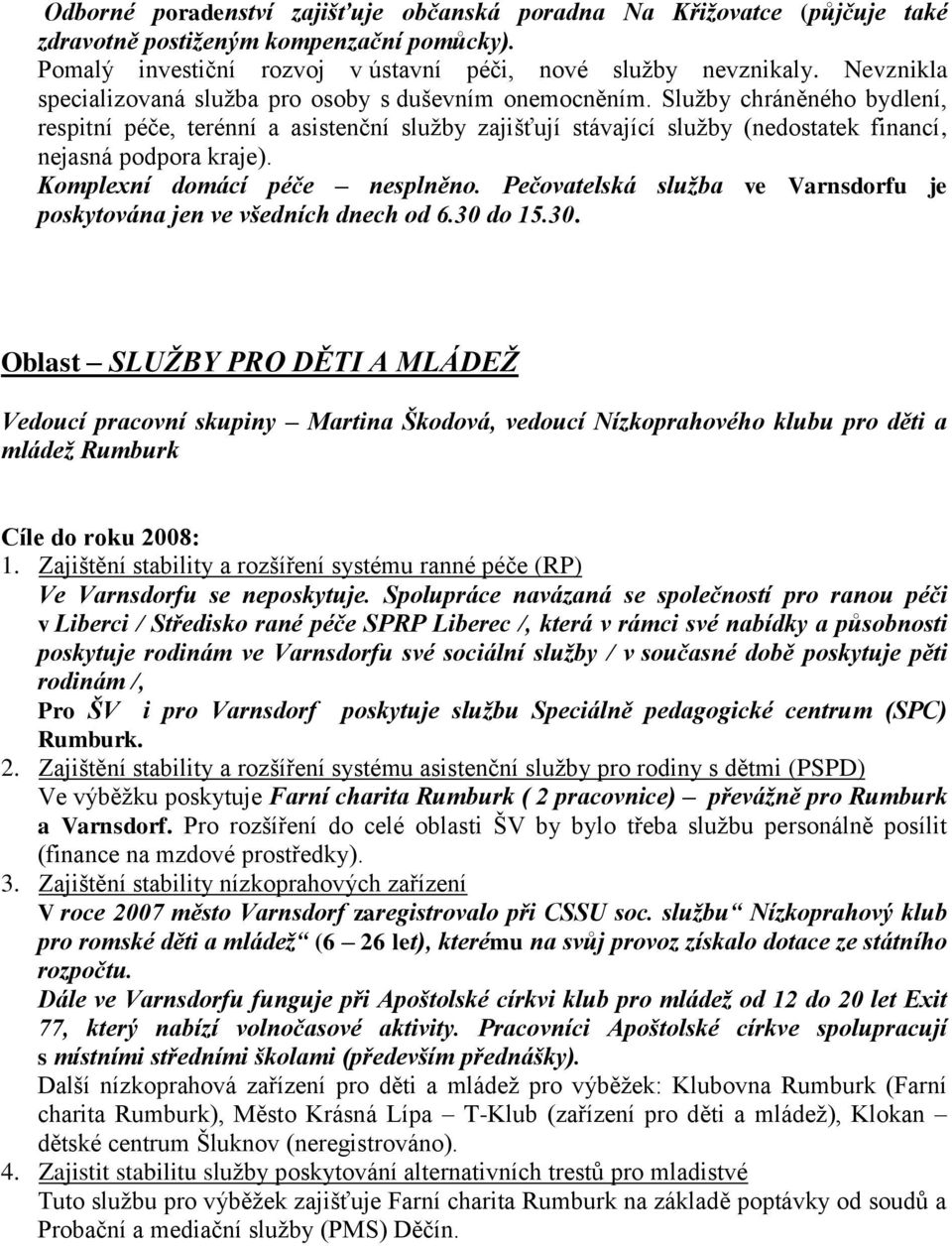 Služby chráněného bydlení, respitní péče, terénní a asistenční služby zajišťují stávající služby (nedostatek financí, nejasná podpora kraje). Komplexní domácí péče nesplněno.