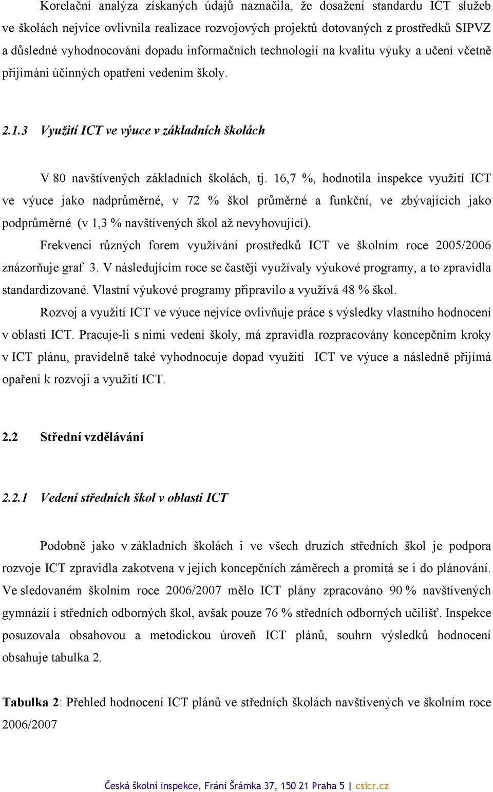 16,7 %, hodnotila inspekce využití ICT ve výuce jako nadprůměrné, v 72 % škol průměrné a funkční, ve zbývajících jako podprůměrné (v 1,3 % navštívených škol až nevyhovující).