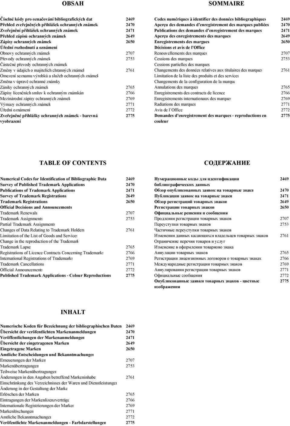 známek 2761 Omezení seznamu výrobků a služeb ochranných známek Změna v úpravě ochranné známky Zániky ochranných známek 2765 Zápisy licenčních smluv k ochranným známkám 2766 Mezinárodní zápisy