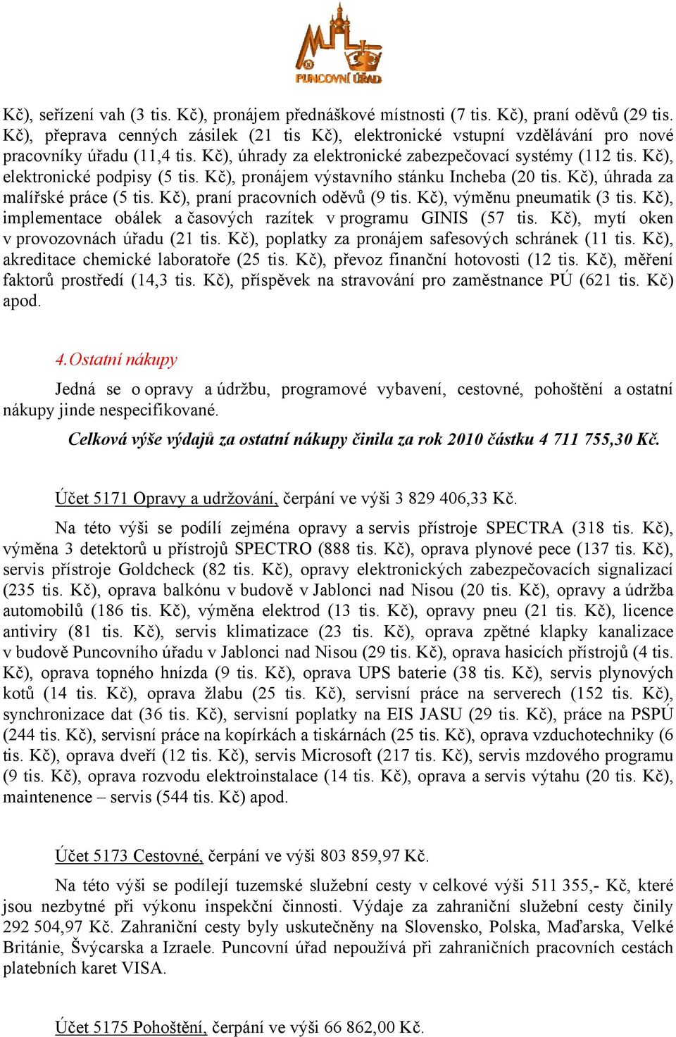 Kč), elektronické podpisy (5 tis. Kč), pronájem výstavního stánku Incheba (20 tis. Kč), úhrada za malířské práce (5 tis. Kč), praní pracovních oděvů (9 tis. Kč), výměnu pneumatik (3 tis.