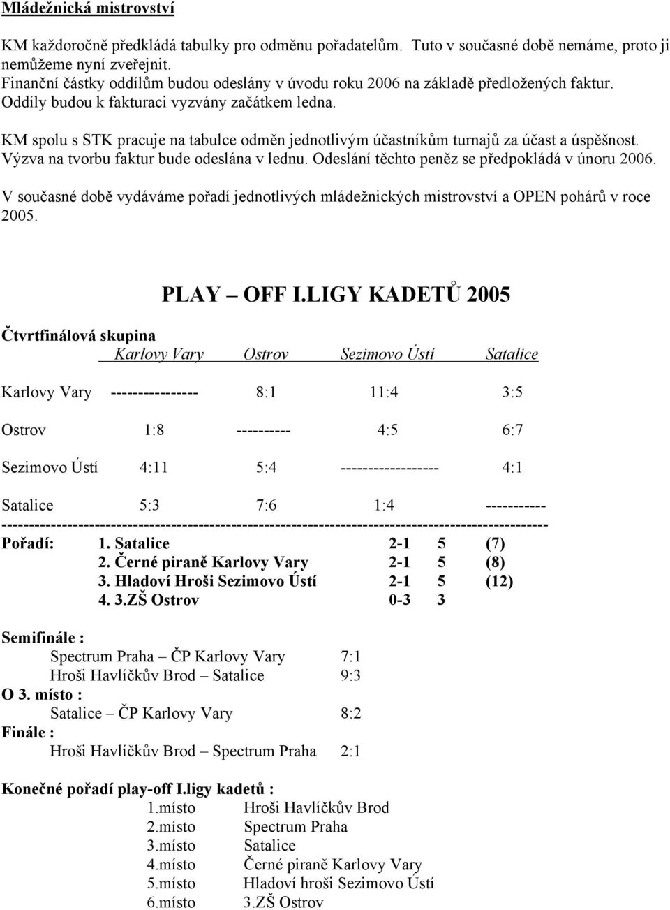 KM spolu s STK pracuje na tabulce odměn jednotlivým účastníkům turnajů za účast a úspěšnost. Výzva na tvorbu faktur bude odeslána v lednu. Odeslání těchto peněz se předpokládá v únoru 2006.