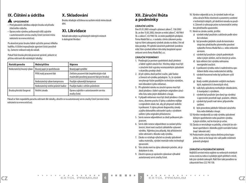 K čištění nepoužívejte agresivní čistící prostředky. Zamezte vniknutí vody do nářadí. Pokud Vaše bruska přestala pracovat správně, pokuste se příčinu odstranit dle následující tabulky: X.