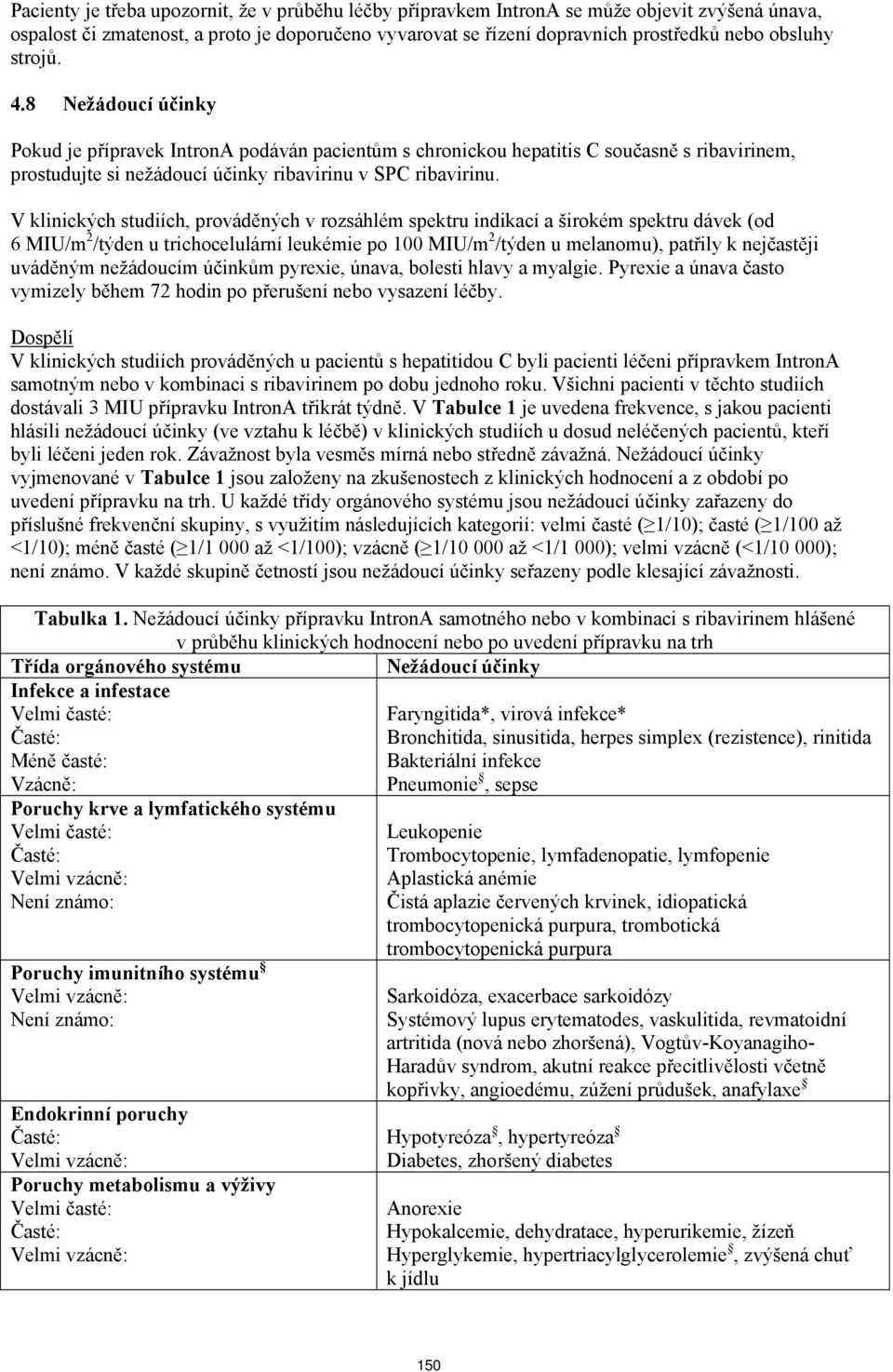 V klinických studiích, prováděných v rozsáhlém spektru indikací a širokém spektru dávek (od 6 MIU/m 2 /týden u trichocelulární leukémie po 100 MIU/m 2 /týden u melanomu), patřily k nejčastěji