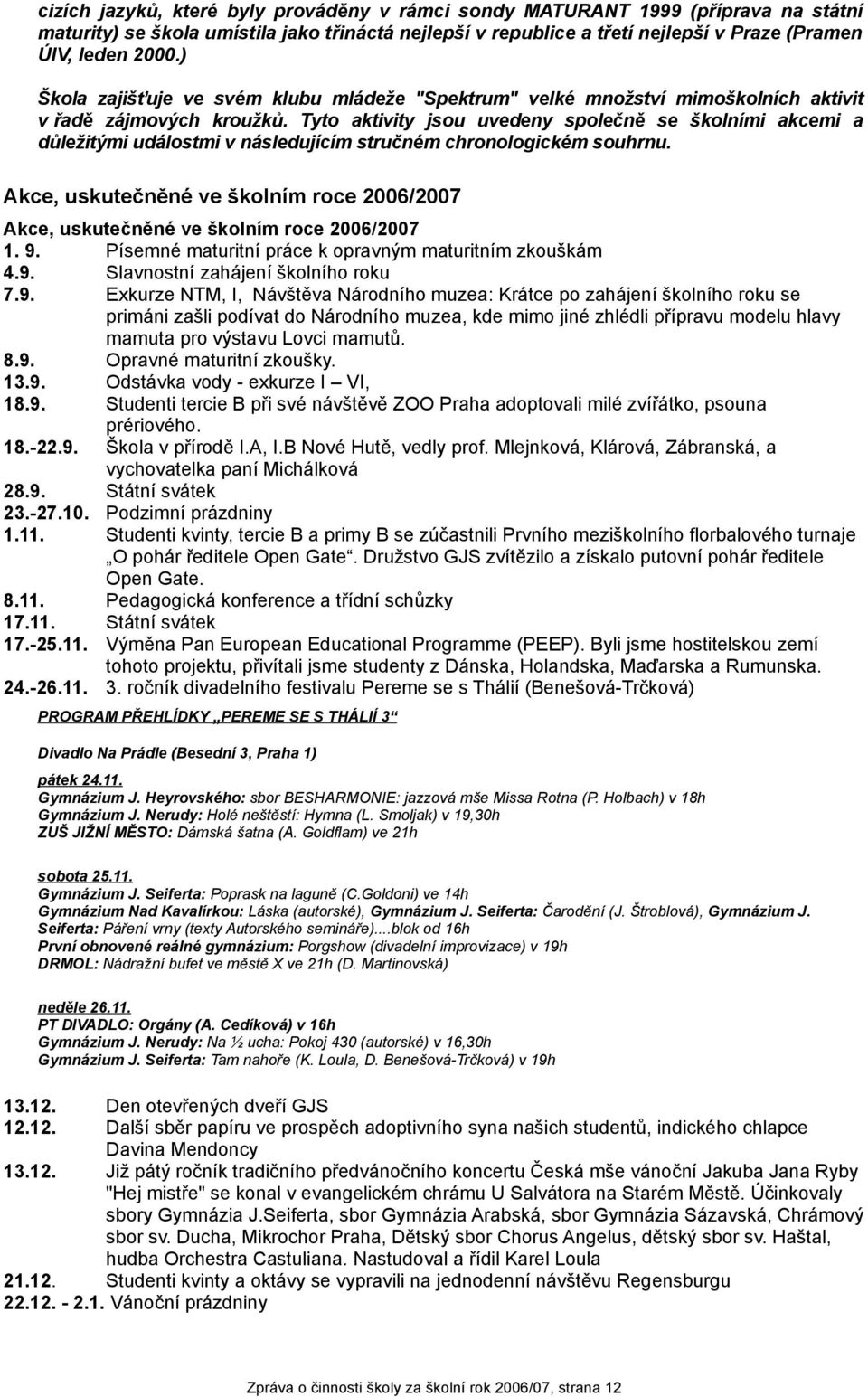 Tyto aktivity jsou uvedeny společně se školními akcemi a důležitými událostmi v následujícím stručném chronologickém souhrnu.