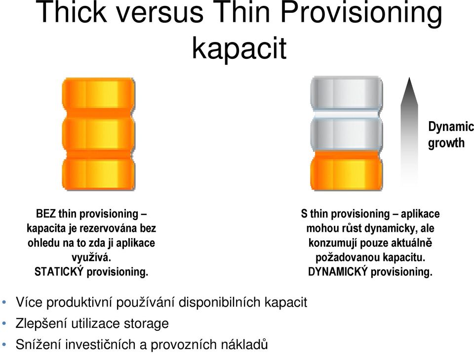 S thin provisioning aplikace mohou růst dynamicky, ale konzumují pouze aktuálně požadovanou kapacitu.