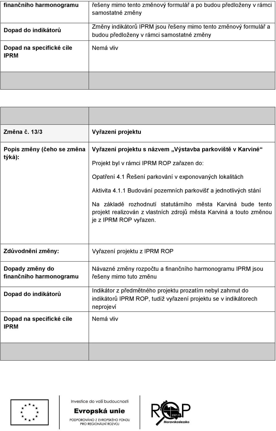 13/3 Vyřazení projektu Popis změny (čeho se změna týká): Vyřazení projektu s názvem Výstavba parkoviště v Karviné Projekt byl v rámci IPRM ROP zařazen do: Opatření 4.