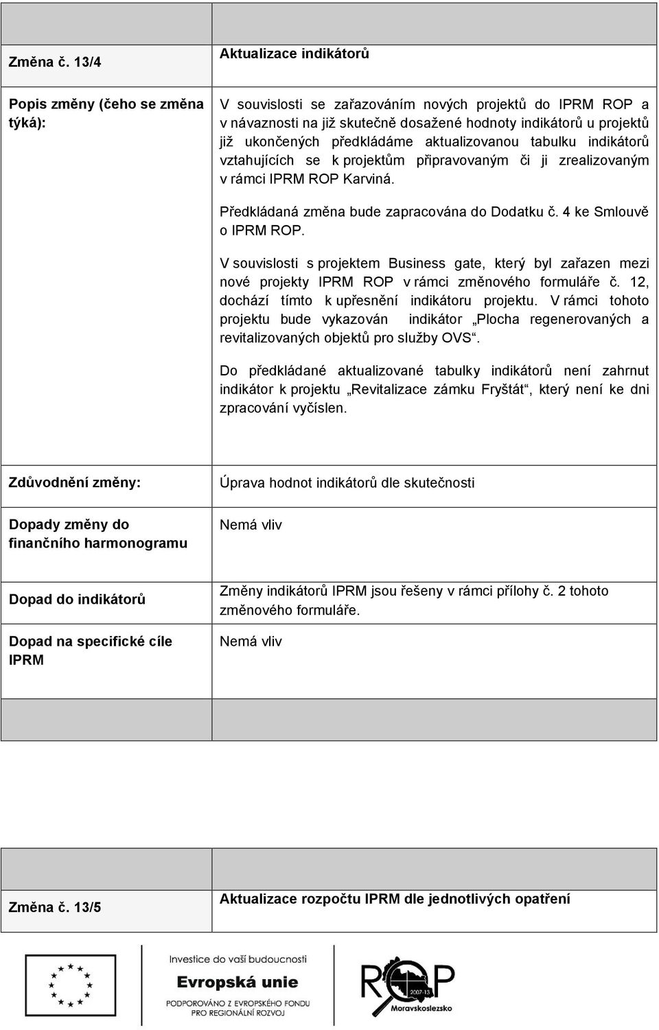 ukončených předkládáme aktualizovanou tabulku indikátorů vztahujících se k projektům připravovaným či ji zrealizovaným v rámci IPRM ROP Karviná. Předkládaná změna bude zapracována do Dodatku č.