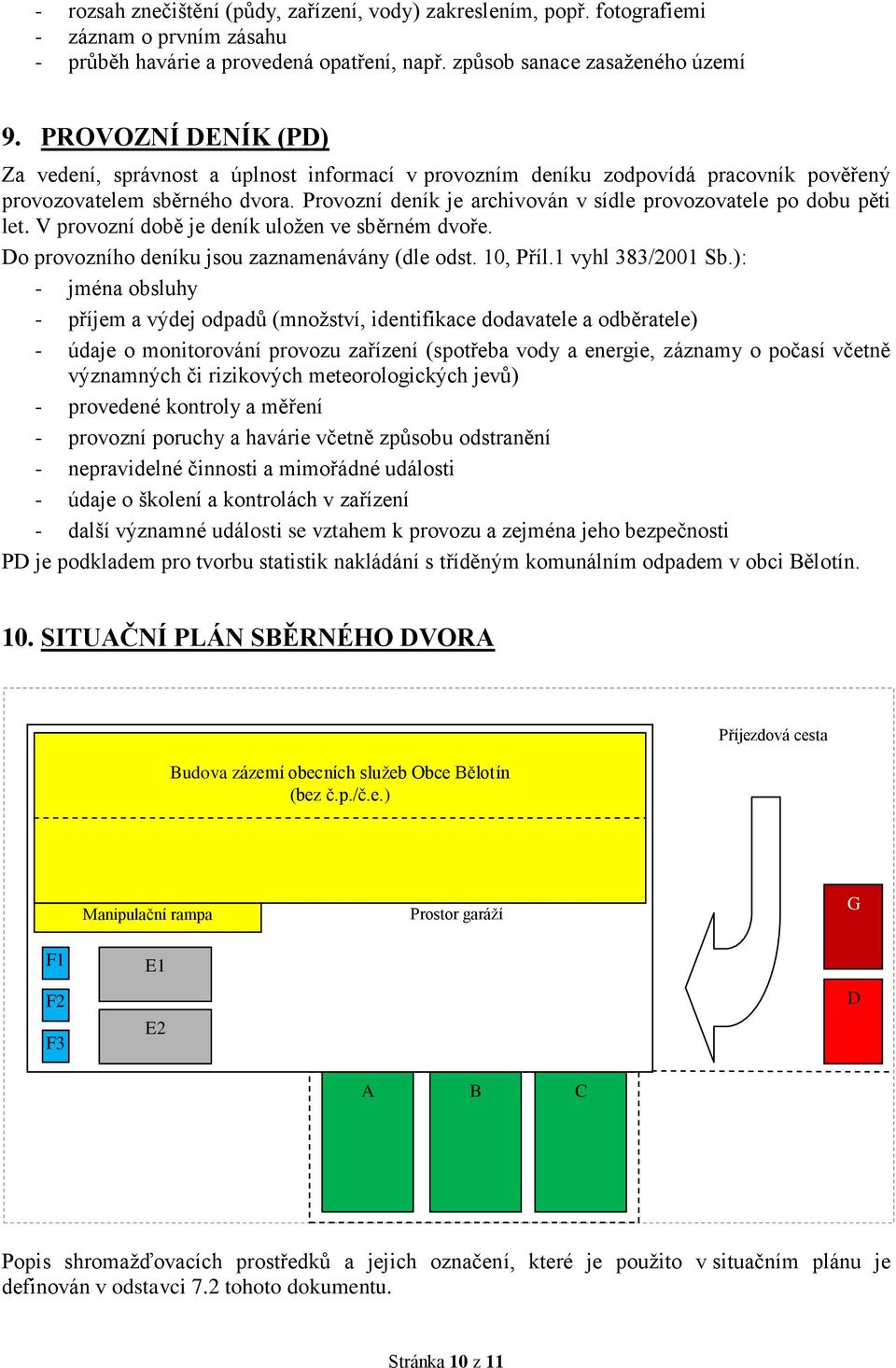 Provozní deník je archivován v sídle provozovatele po dobu pěti let. V provozní době je deník uložen ve sběrném dvoře. Do provozního deníku jsou zaznamenávány (dle odst. 10, Příl.1 vyhl 383/2001 Sb.