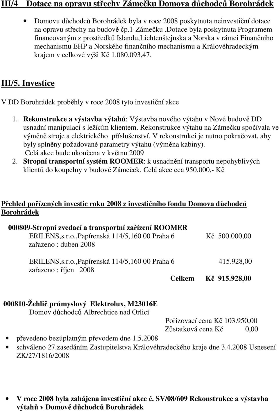 Kč 1.080.093,47. III/5. Investice V DD Borohrádek proběhly v roce 2008 tyto investiční akce 1.