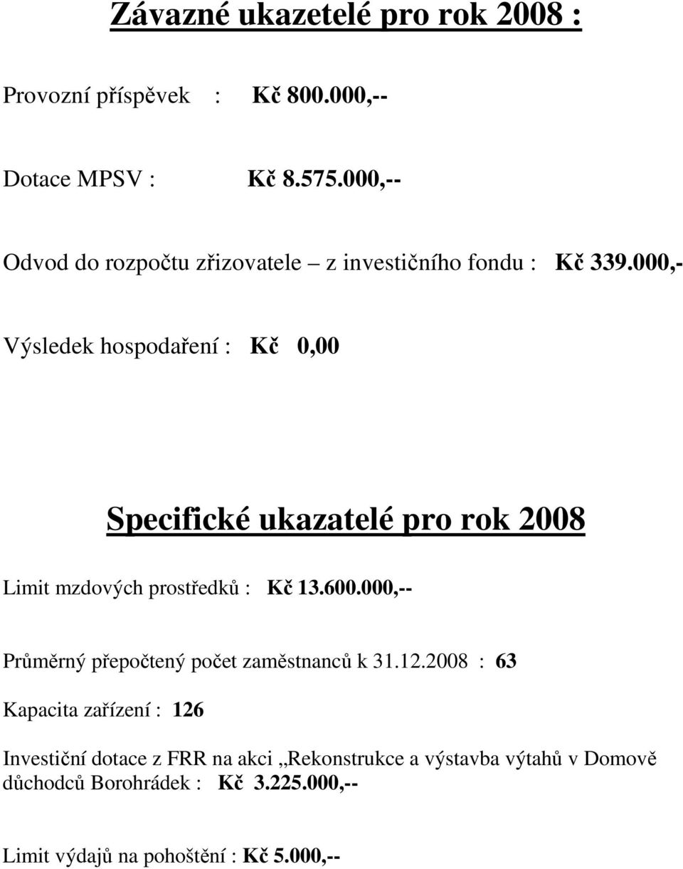 000,- Výsledek hospodaření : Kč 0,00 Specifické ukazatelé pro rok 2008 Limit mzdových prostředků : Kč 13.600.