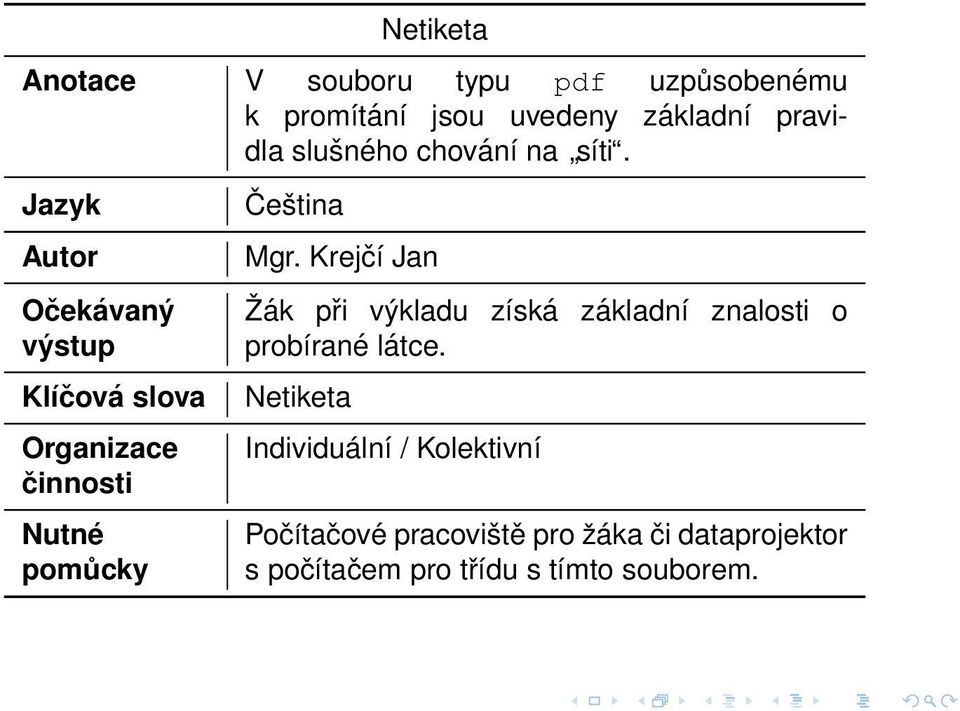 Jazyk Autor Očekávaný výstup Klíčová slova Organizace činnosti Nutné pomůcky Čeština Mgr.