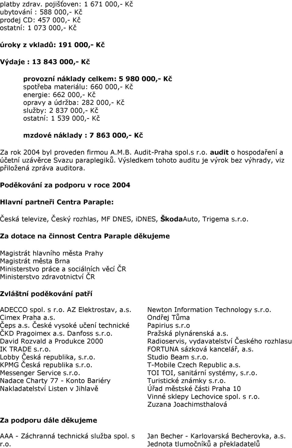 spotřeba materiálu: 660 000,- Kč energie: 662 000,- Kč opravy a údrţba: 282 000,- Kč sluţby: 2 837 000,- Kč ostatní: 1 539 000,- Kč mzdové náklady : 7 863 000,- Kč Za rok 2004 byl proveden firmou A.M.