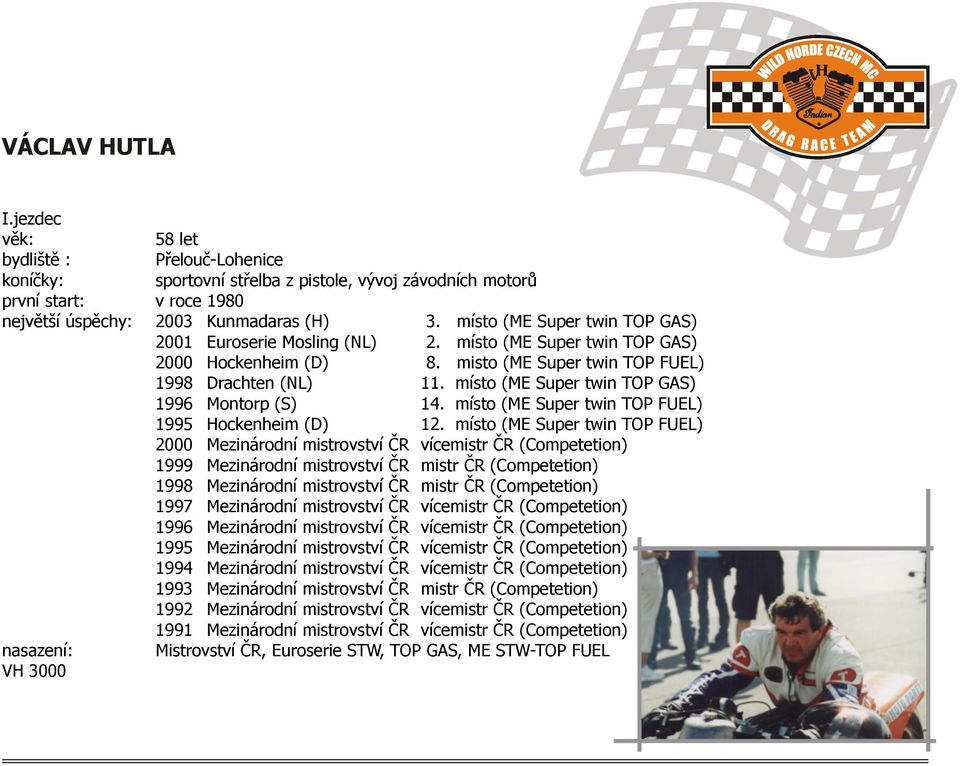 místo (ME Super twin TOP GAS) 1996 Montorp (S) 14. místo (ME Super twin TOP FUEL) 1995 Hockenheim (D) 12.