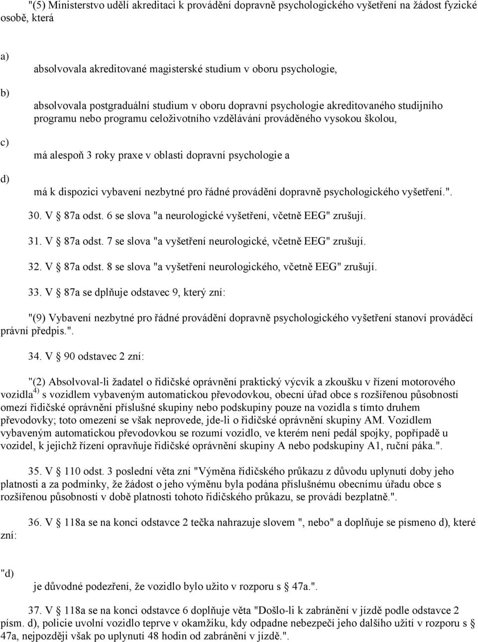 dopravní psychologie a má k dispozici vybavení nezbytné pro řádné provádění dopravně psychologického vyšetření.". 30. V 87a odst. 6 se slova "a neurologické vyšetření, včetně EEG" zrušují. 31.