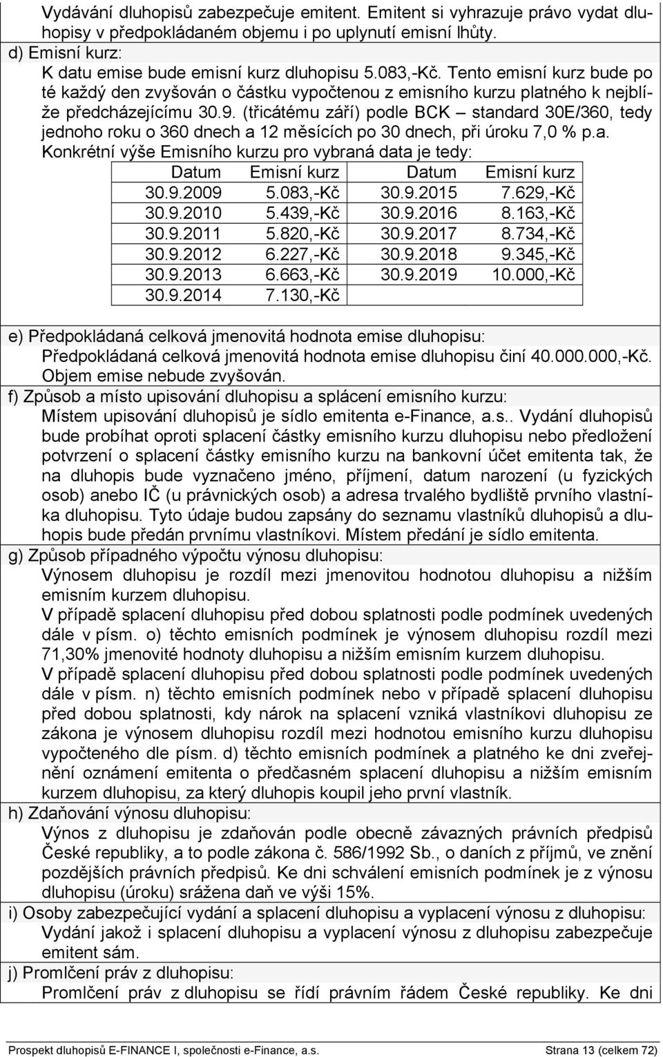 (třicátému září) podle BCK standard 30E/360, tedy jednoho roku o 360 dnech a 12 měsících po 30 dnech, při úroku 7,0 % p.a. Konkrétní výše Emisního kurzu pro vybraná data je tedy: Datum Emisní kurz Datum Emisní kurz 30.