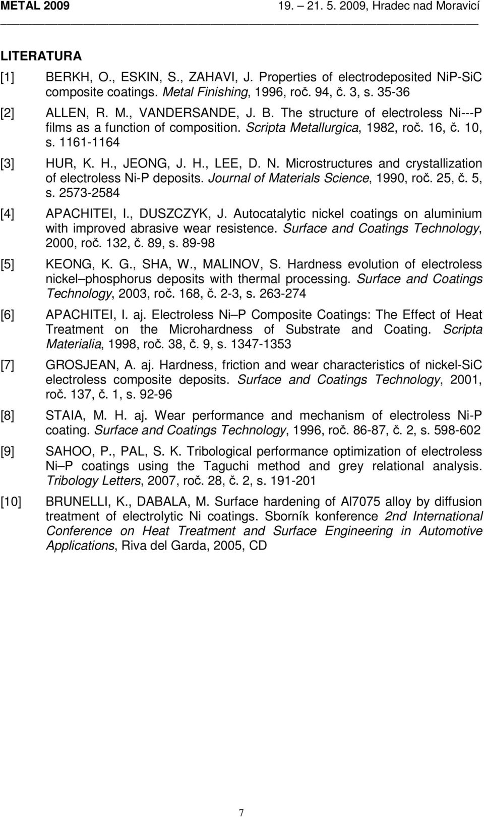 Journal of Materials Science, 1990, roč. 25, č. 5, s. 2573-2584 [4] APACHITEI, I., DUSZCZYK, J. Autocatalytic nickel coatings on aluminium with improved abrasive wear resistence.