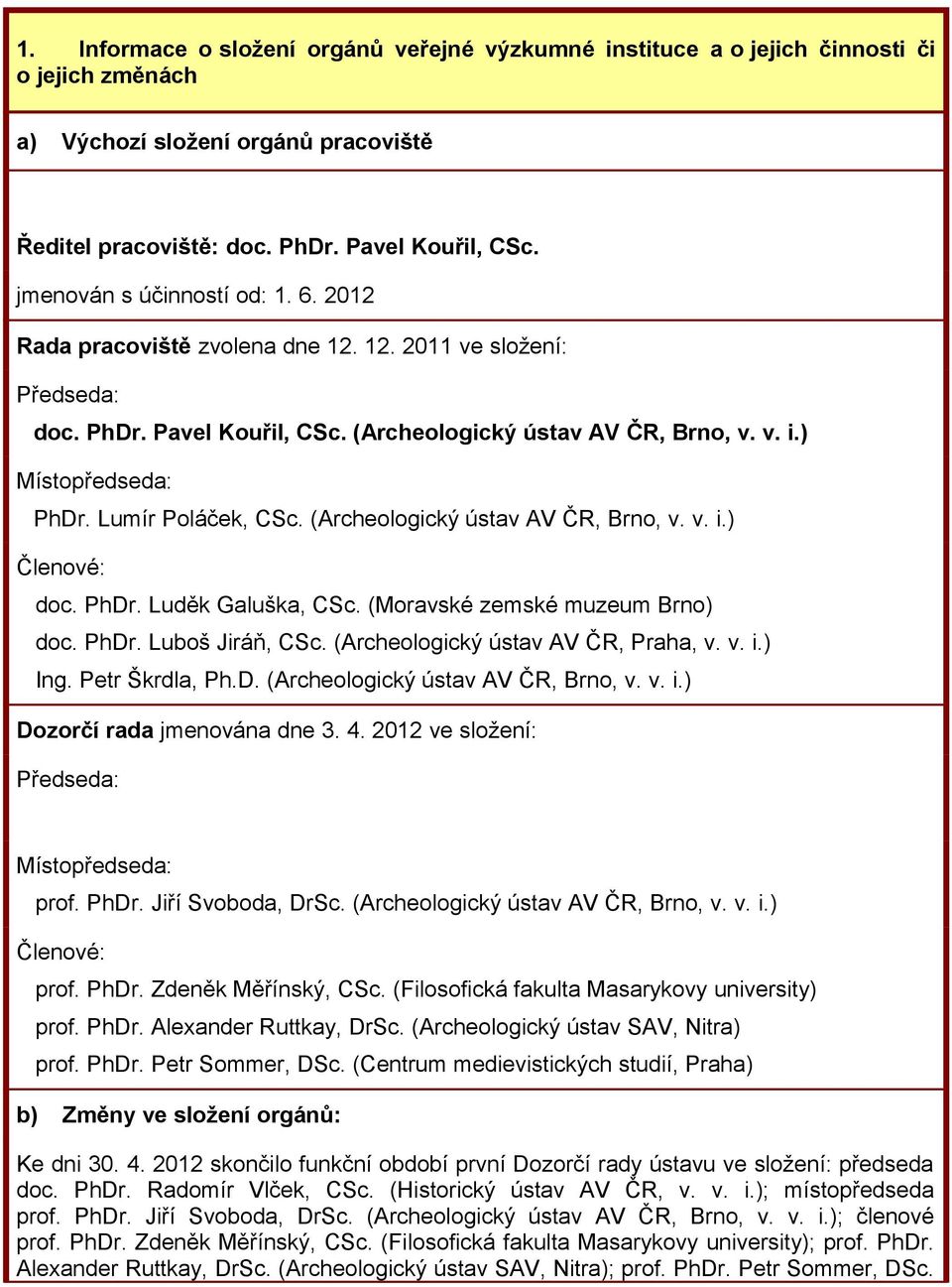 Lumír Poláček, CSc. (Archeologický ústav AV ČR, Brno, v. v. i.) Členové: doc. PhDr. Luděk Galuška, CSc. (Moravské zemské muzeum Brno) doc. PhDr. Luboš Jiráň, CSc. (Archeologický ústav AV ČR, Praha, v.