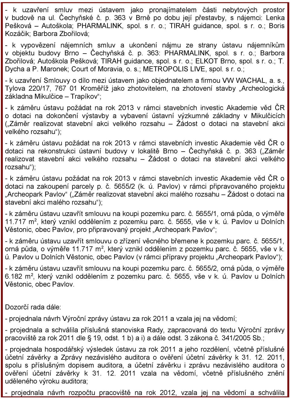 363: PHARMALINK, spol. s r. o.; Barbora Zbořilová; Autoškola Pešková; TIRAH guidance, spol. s r. o.; ELKOT Brno, spol. s r. o.; T. Dycha a P. Maronek; Court of Moravia, o. s.; METROPOLIS LIVE, spol.