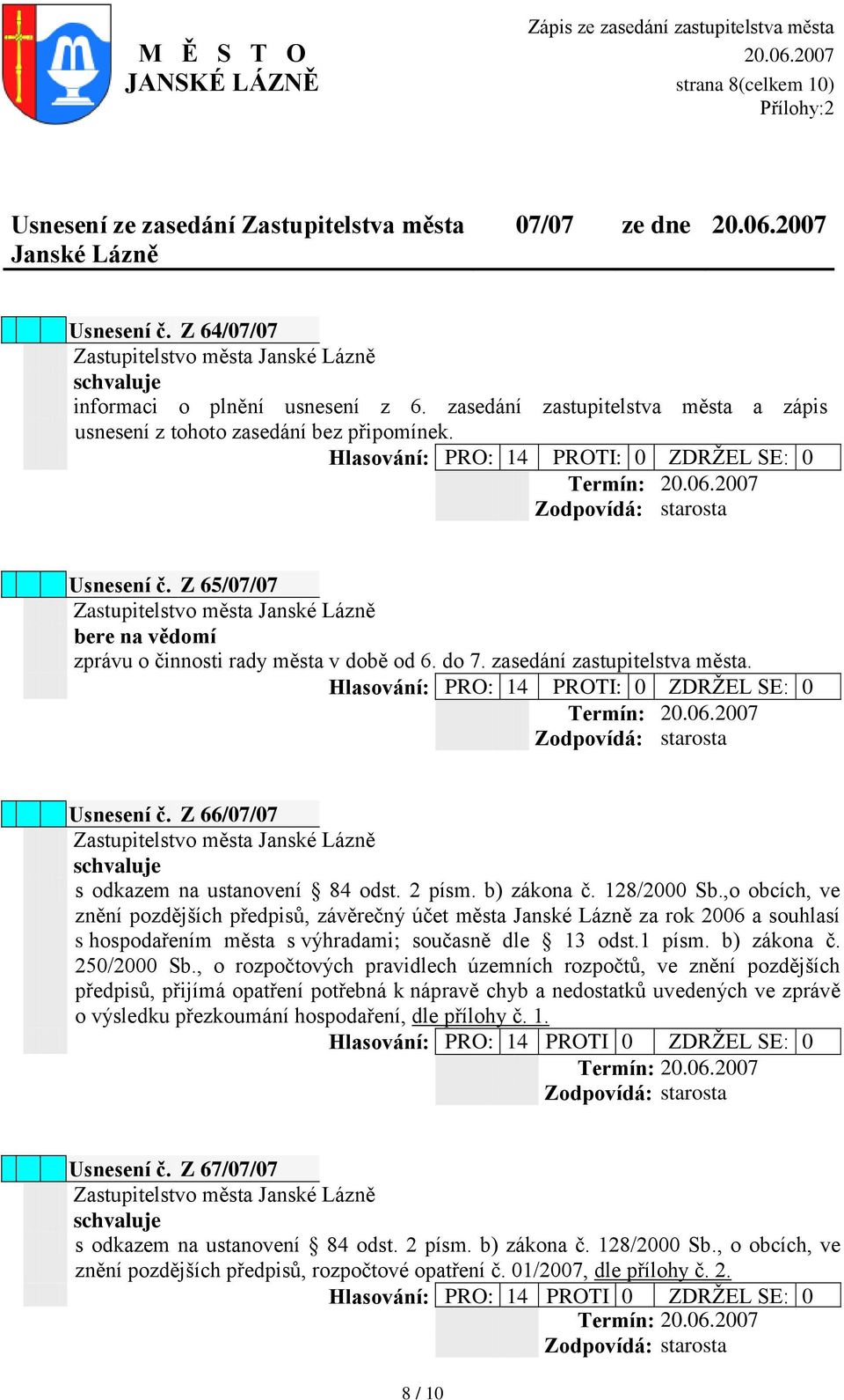 Z 65/07/07 bere na vědomí zprávu o činnosti rady města v době od 6. do 7. zasedání zastupitelstva města. Hlasování: PRO: 14 PROTI: 0 ZDRŢEL SE: 0 Termín: 20.06.2007 Usnesení č.