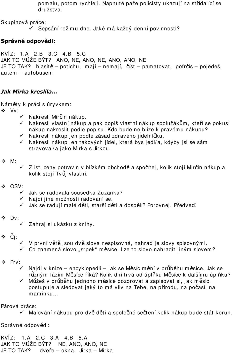 hlasitě potichu, mají nemají, číst pamatovat, pofrčíš pojedeš, autem autobusem Jak Mirka kreslila Náměty k práci s úryvkem: Vv: Nakresli Mirčin nákup.