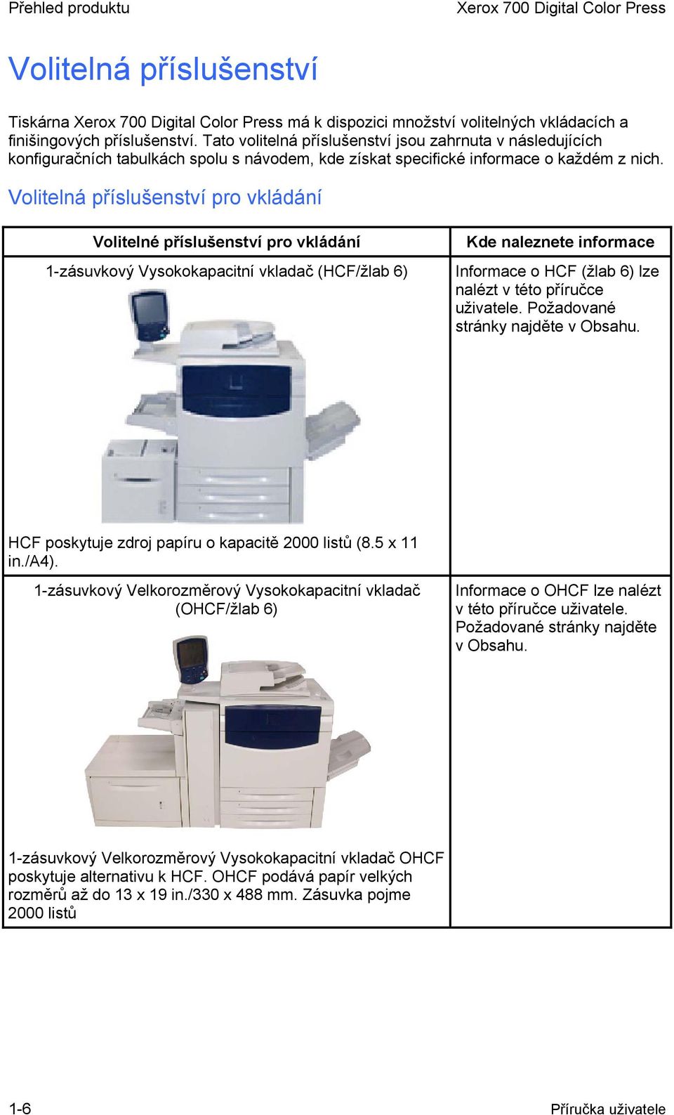 Volitelná příslušenství pro vkládání Volitelné příslušenství pro vkládání 1-zásuvkový Vysokokapacitní vkladač (HCF/žlab 6) Kde naleznete informace Informace o HCF (žlab 6) lze nalézt v této příručce