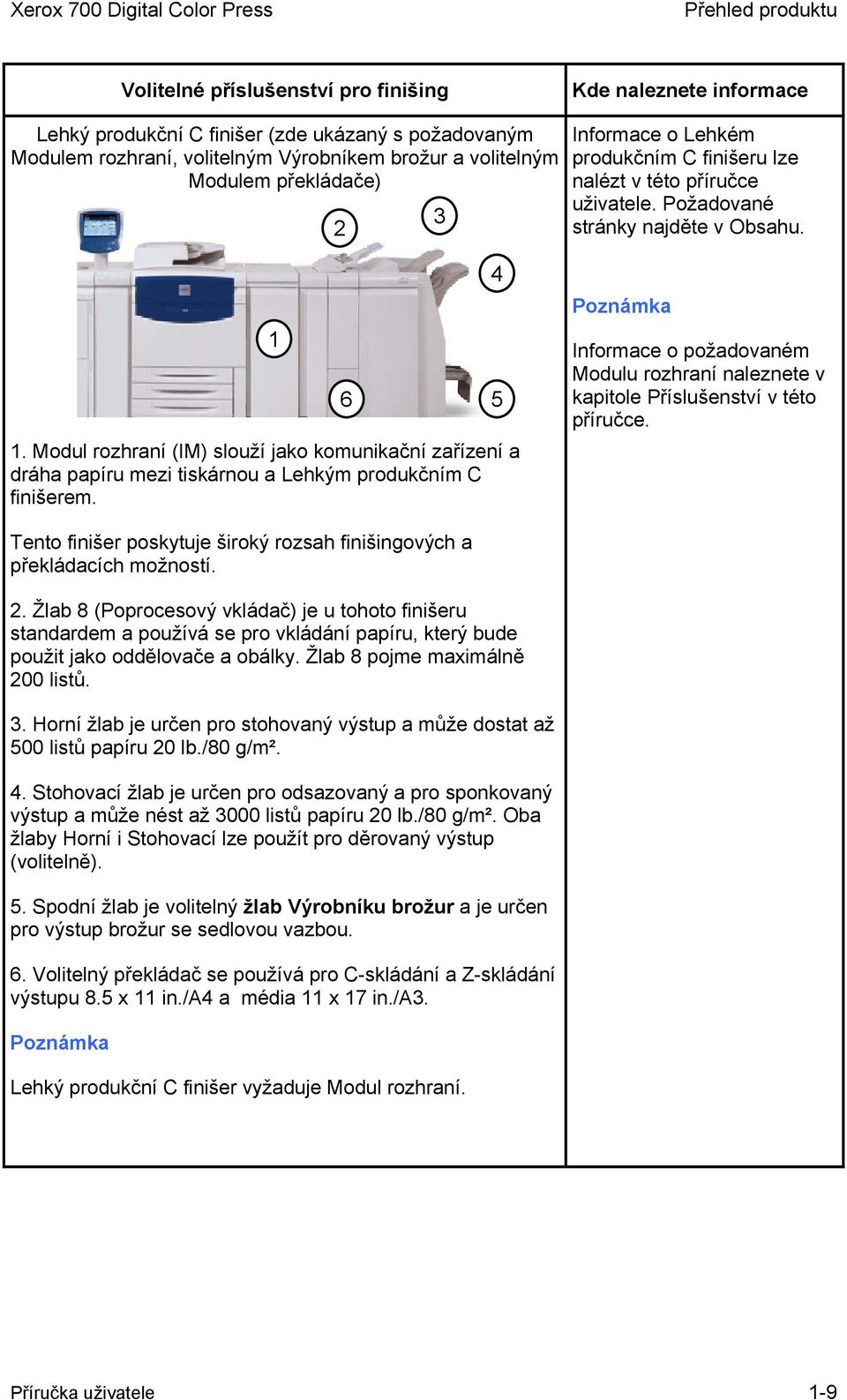 Modul rozhraní (IM) slouží jako komunikační zařízení a dráha papíru mezi tiskárnou a Lehkým produkčním C finišerem.