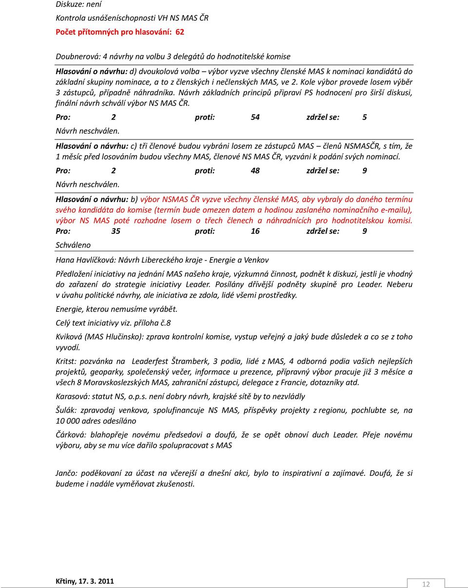 Návrh základních principů připraví PS hodnocení pro širší diskusi, finální návrh schválí výbor NS MAS ČR. Pro: 2 proti: 54 zdržel se: 5 Návrh neschválen.