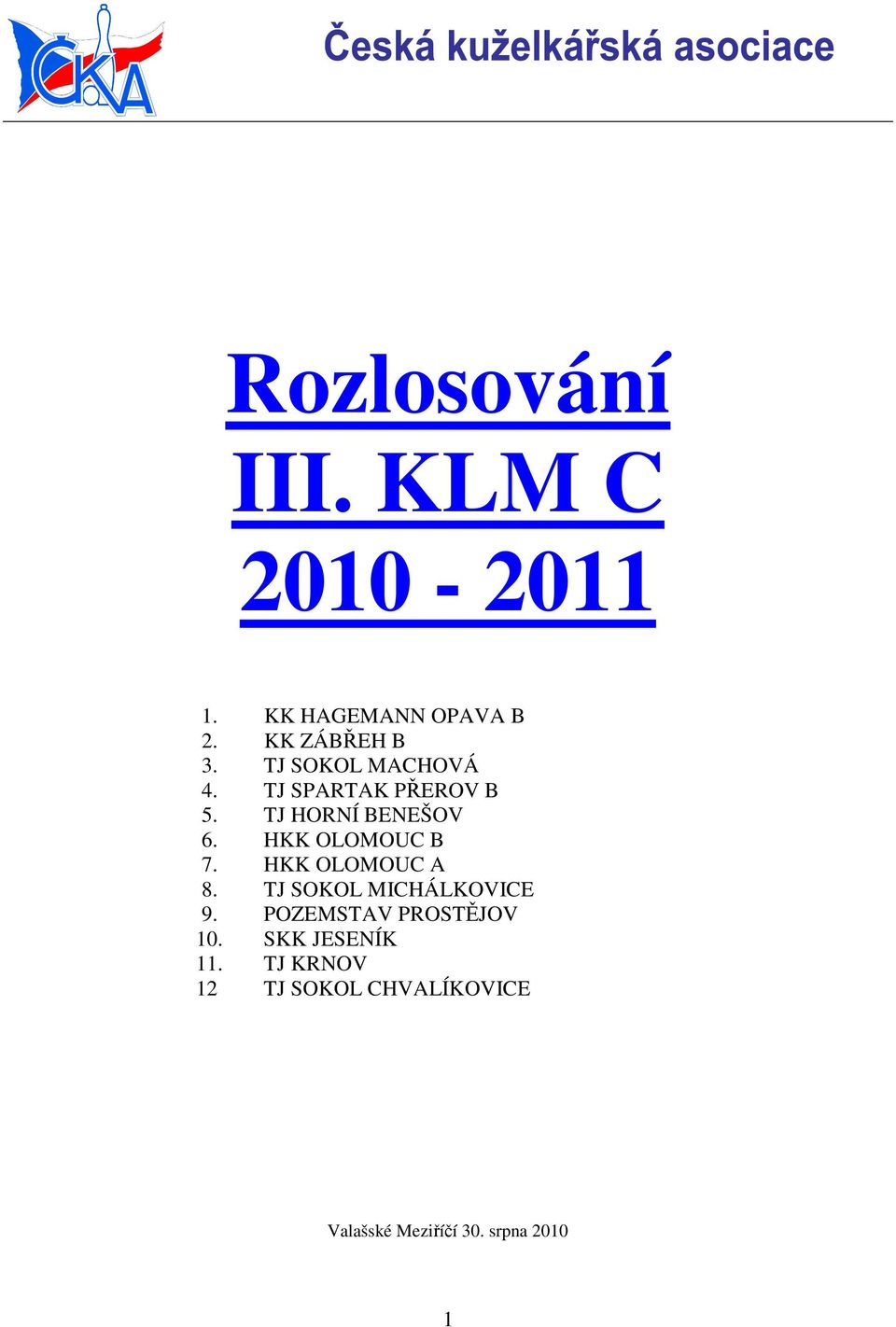 HKK OLOMOUC B 7. HKK OLOMOUC A 8. TJ SOKOL MICHÁLKOVICE 9.