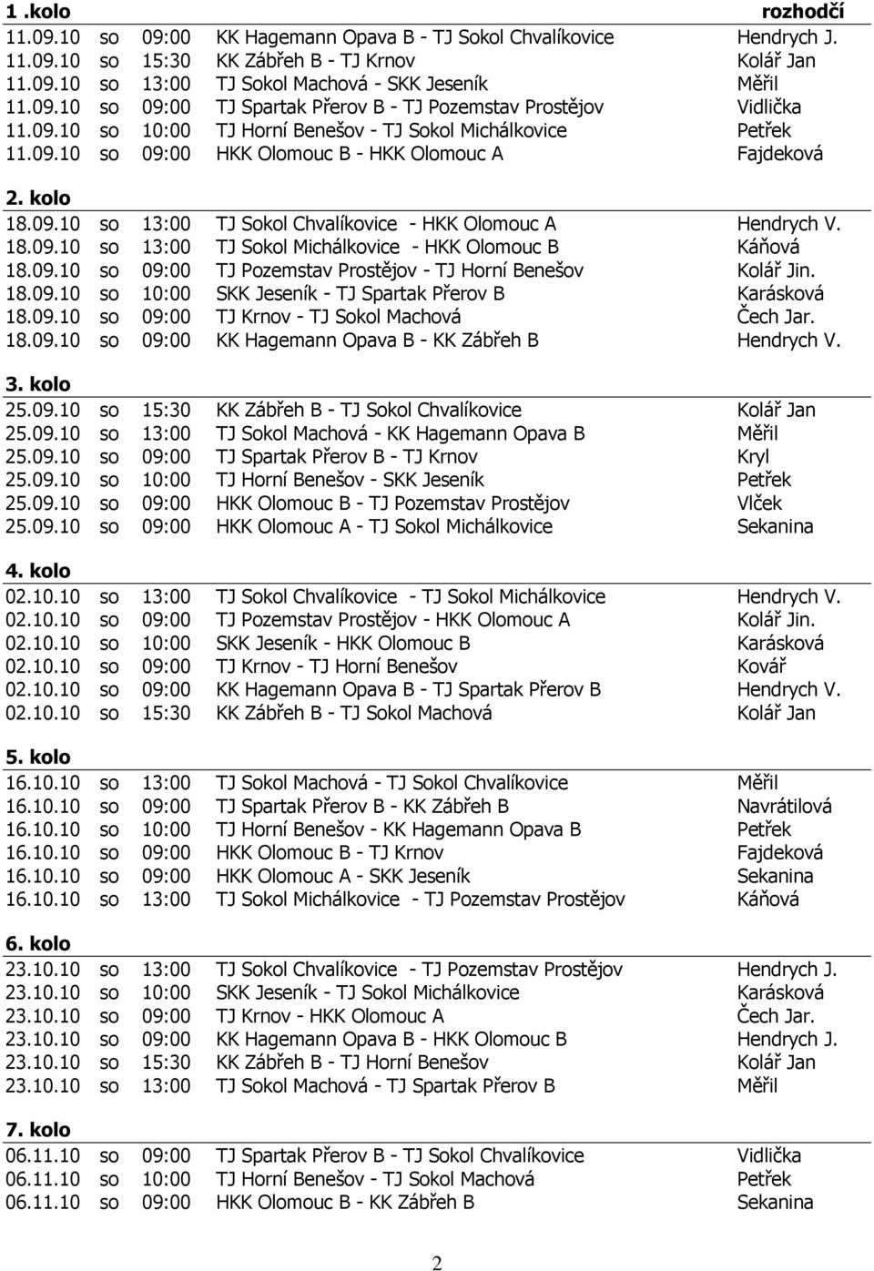 kolo 18.09.10 so 13:00 TJ Sokol Chvalíkovice - HKK Olomouc A Hendrych V. 18.09.10 so 13:00 TJ Sokol Michálkovice - HKK Olomouc B Káňová 18.09.10 so 09:00 TJ Pozemstav Prostějov - TJ Horní Benešov Kolář Jin.