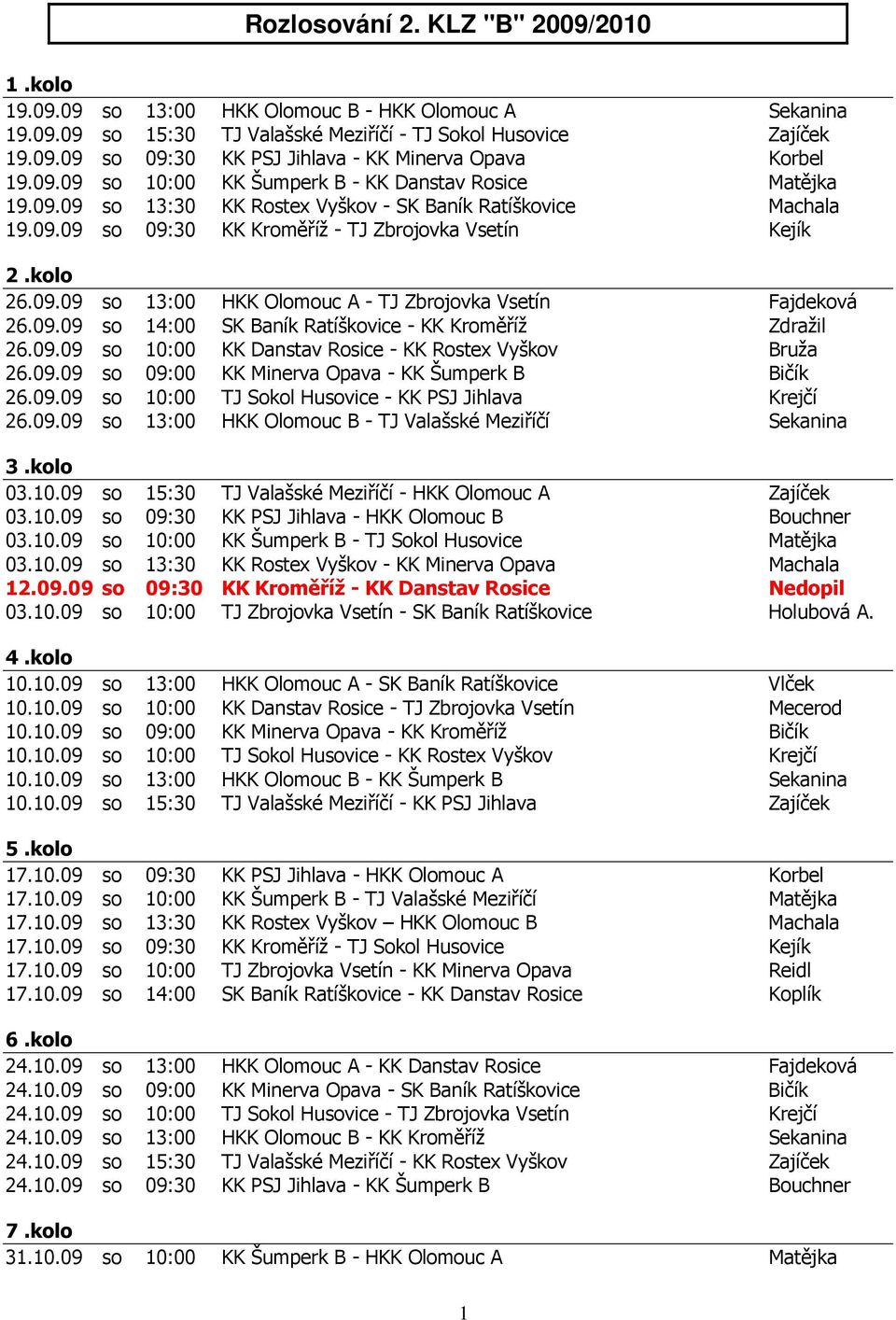 09.09 so 14:00 SK Baník Ratíškovice - KK Kroměříž Zdražil 26.09.09 so 10:00 KK Danstav Rosice - KK Rostex Vyškov Bruža 26.09.09 so 09:00 KK Minerva Opava - KK Šumperk B Bičík 26.09.09 so 10:00 TJ Sokol Husovice - KK PSJ Jihlava Krejčí 26.