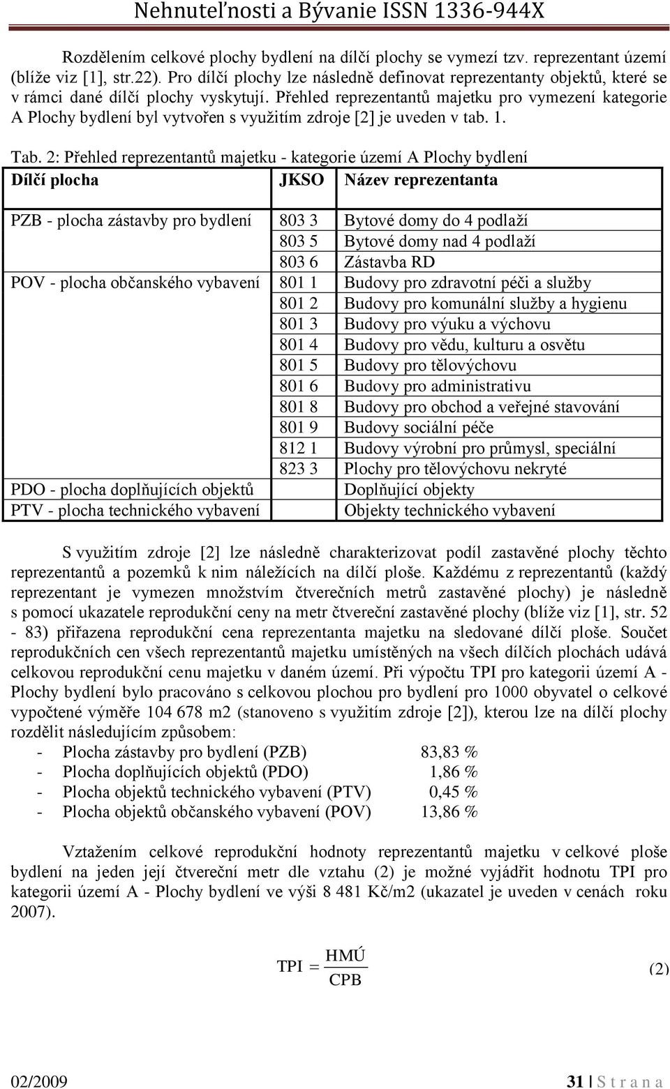 Přehled reprezentantů majetku pro vymezení kategorie A Plochy bydlení byl vytvořen s využitím zdroje [2] je uveden v tab. 1. Tab.