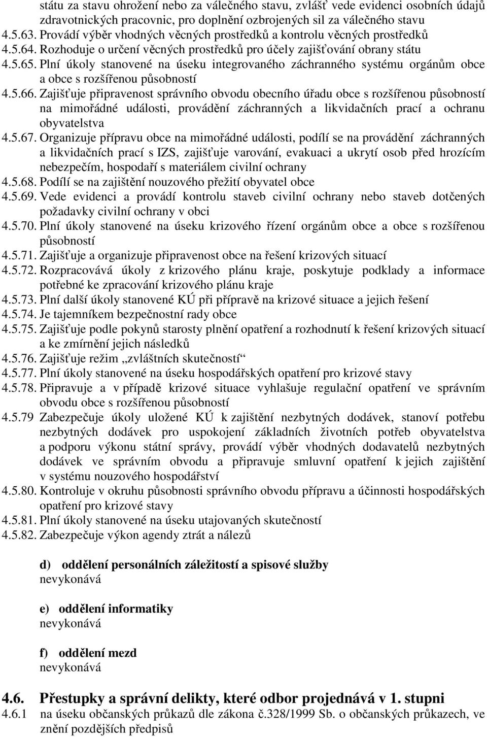 Plní úkoly stanovené na úseku integrovaného záchranného systému orgánům obce a obce s rozšířenou působností 4.5.66.