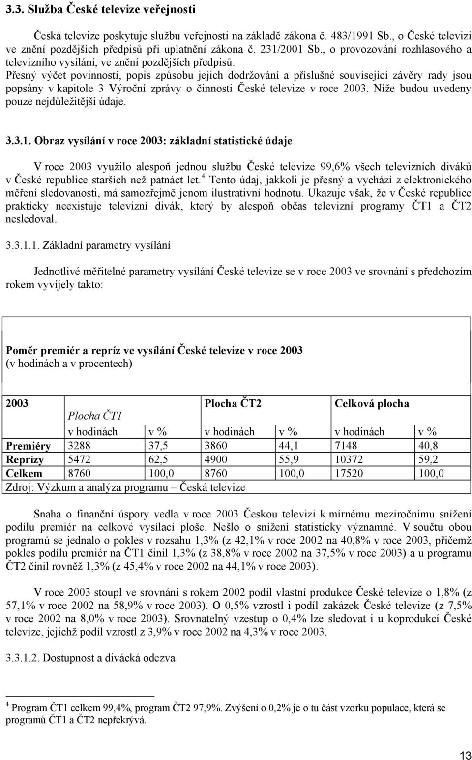 Přesný výčet povinností, popis způsobu jejich dodržování a příslušné související závěry rady jsou popsány v kapitole 3 Výroční zprávy o činnosti České televize v roce 2003.